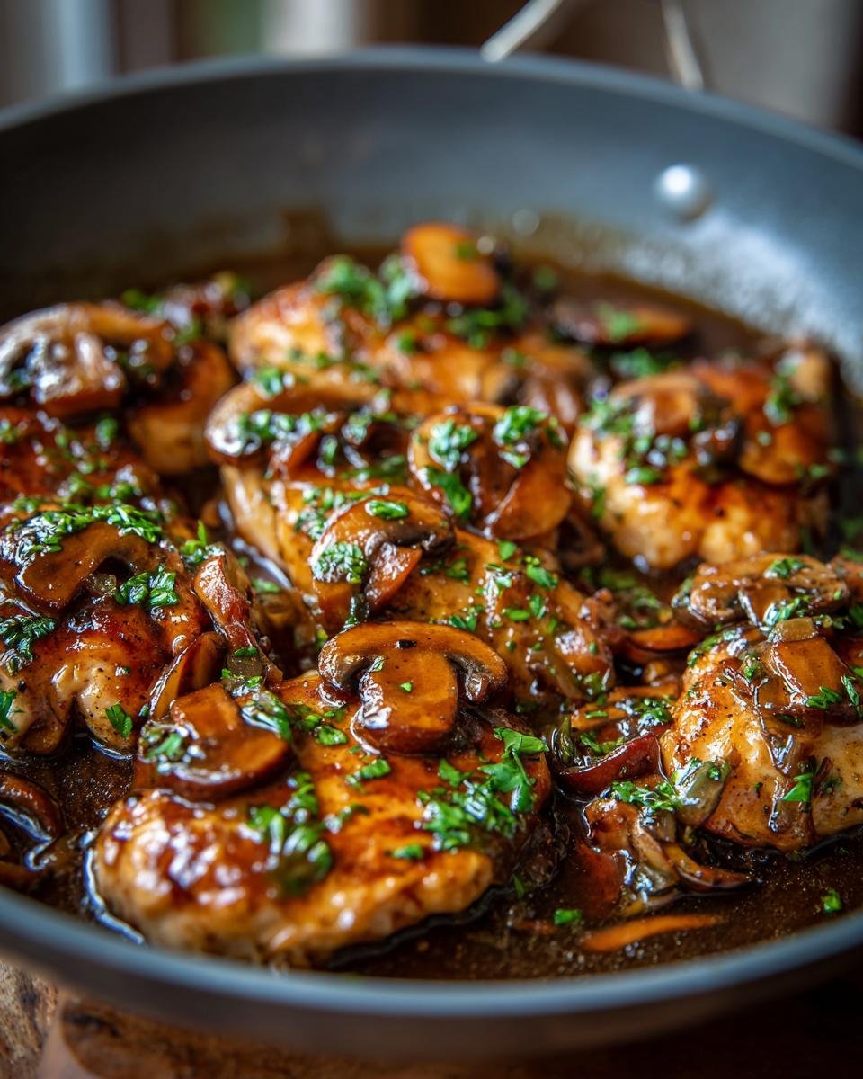 Close-up of pan-seared Chicken Marsala breasts covered in rich brown sauce and sliced mushrooms, garnished with parsley.