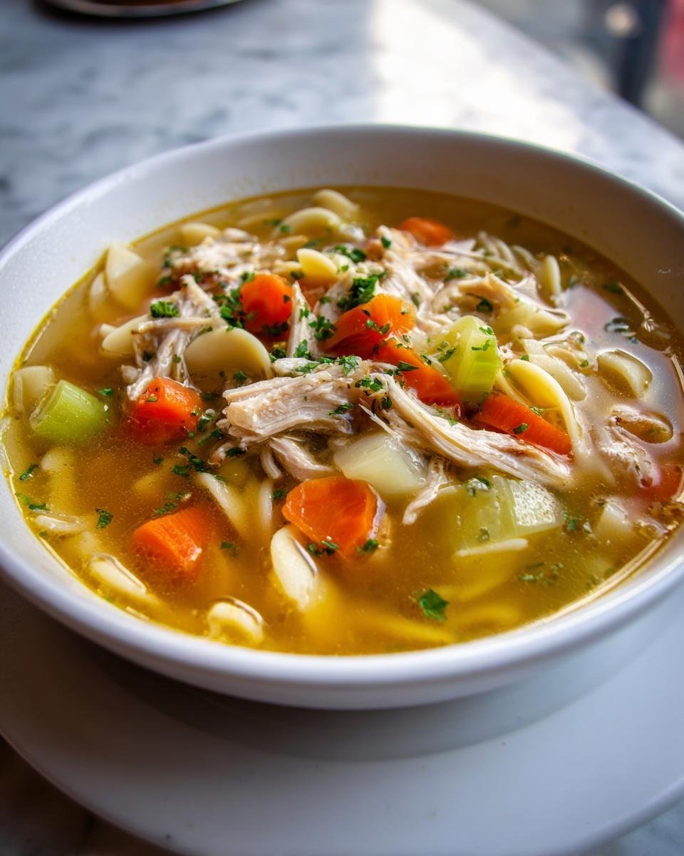 Close-up of a white bowl filled with rich broth Chicken Noodle Soup, featuring shredded chicken, carrots, celery, and egg noodles.