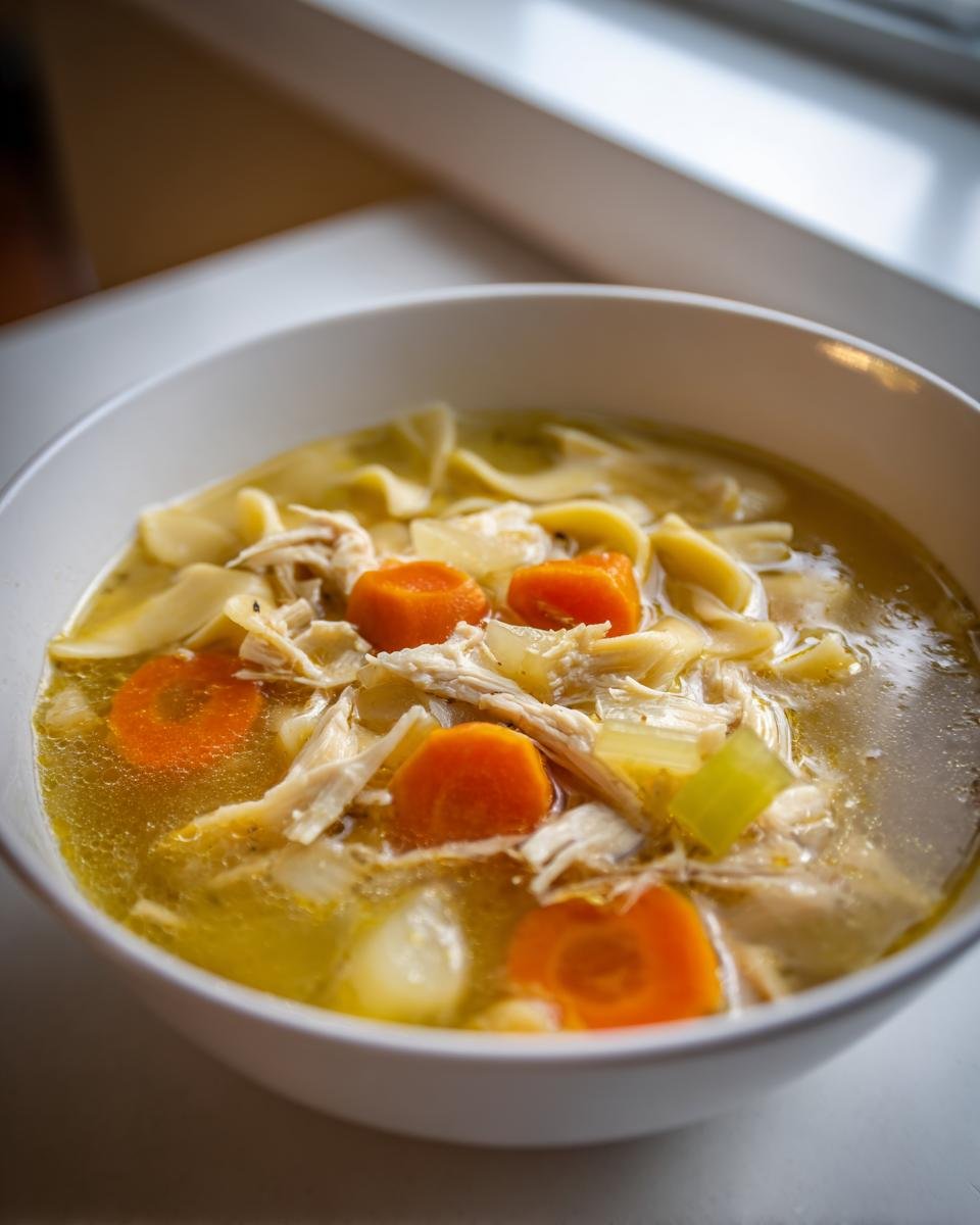 Close-up of a white bowl filled with steaming Chicken Noodle Soup, featuring shredded chicken, bright carrots, and egg noodles.