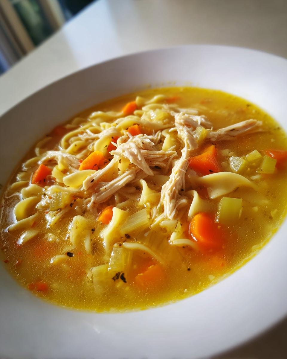Close-up of a white bowl filled with rich, yellow Chicken Noodle Soup featuring egg noodles, shredded chicken, and diced carrots.