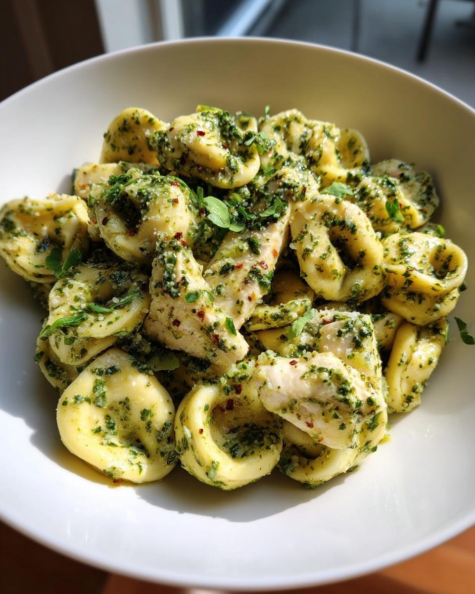 Close-up of a white bowl filled with Chicken Pesto Tortellini mixed with chunks of chicken and fresh herbs.