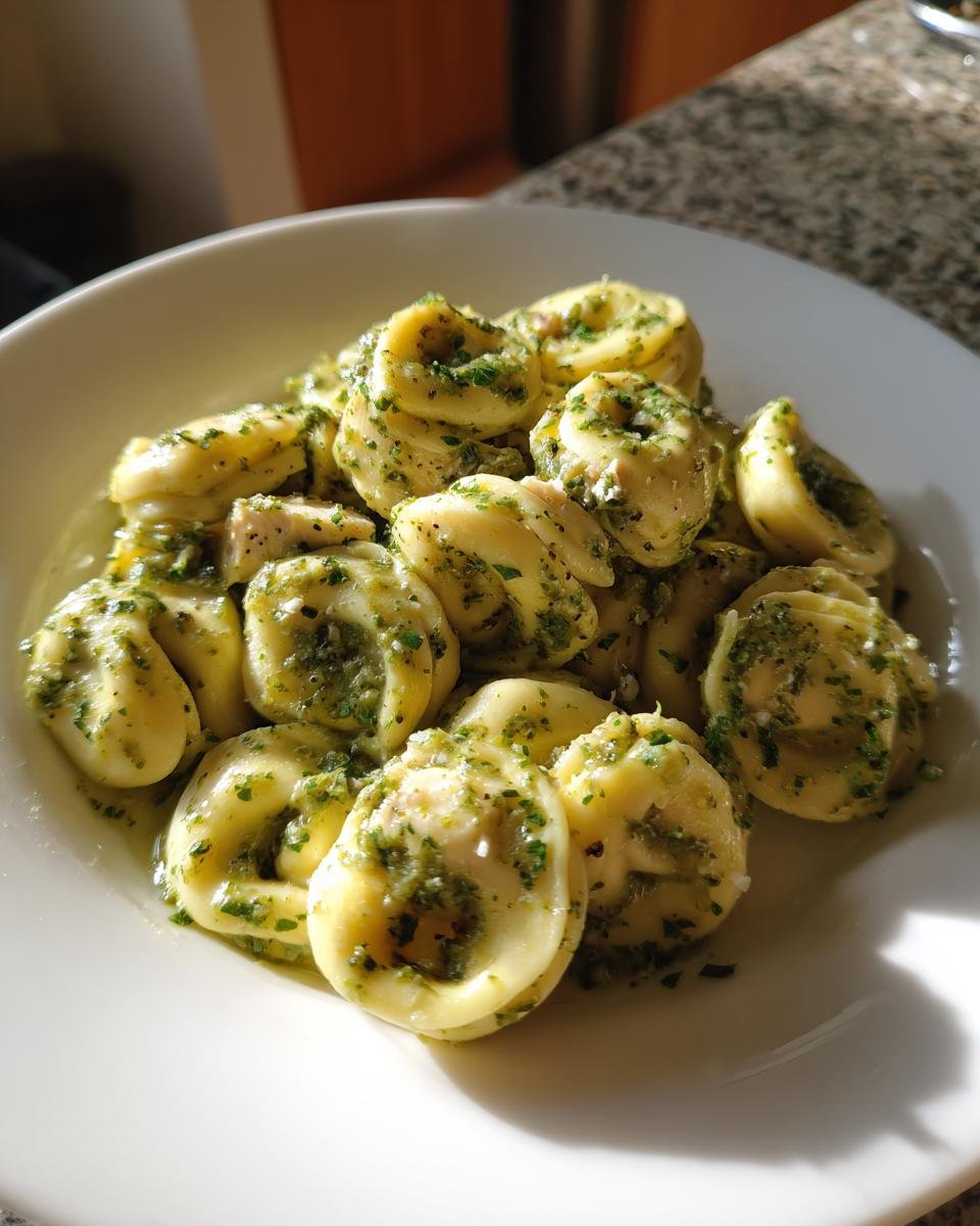 A close-up of freshly made Chicken Pesto Tortellini coated in bright green pesto sauce, served in a white bowl.