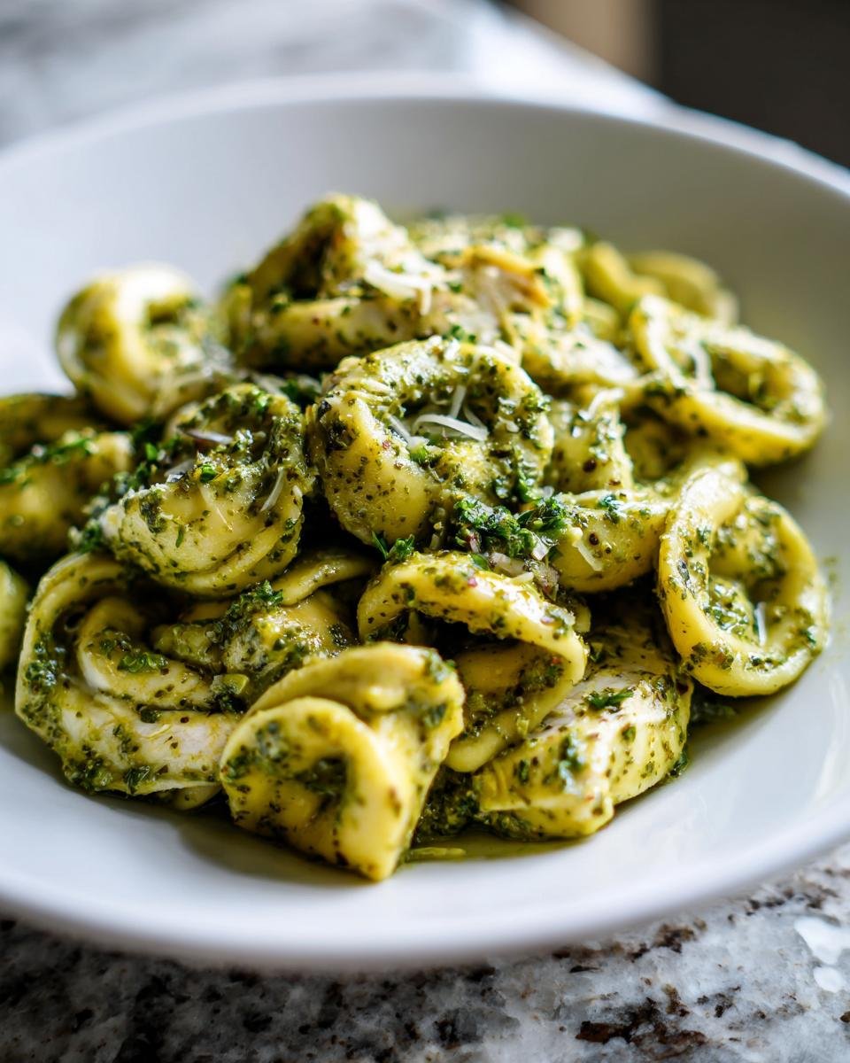 A close-up of a white bowl filled with delicious Chicken Pesto Tortellini coated in vibrant green pesto sauce and topped with cheese.