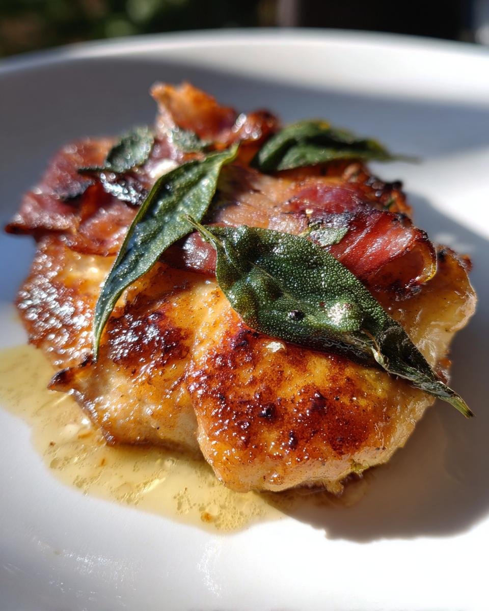 Close-up of a golden-brown Chicken Saltimbocca topped with crispy prosciutto and fresh sage leaves.