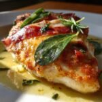 Close-up of a golden-brown Chicken Saltimbocca topped with prosciutto and fresh sage leaves in lemon butter sauce.