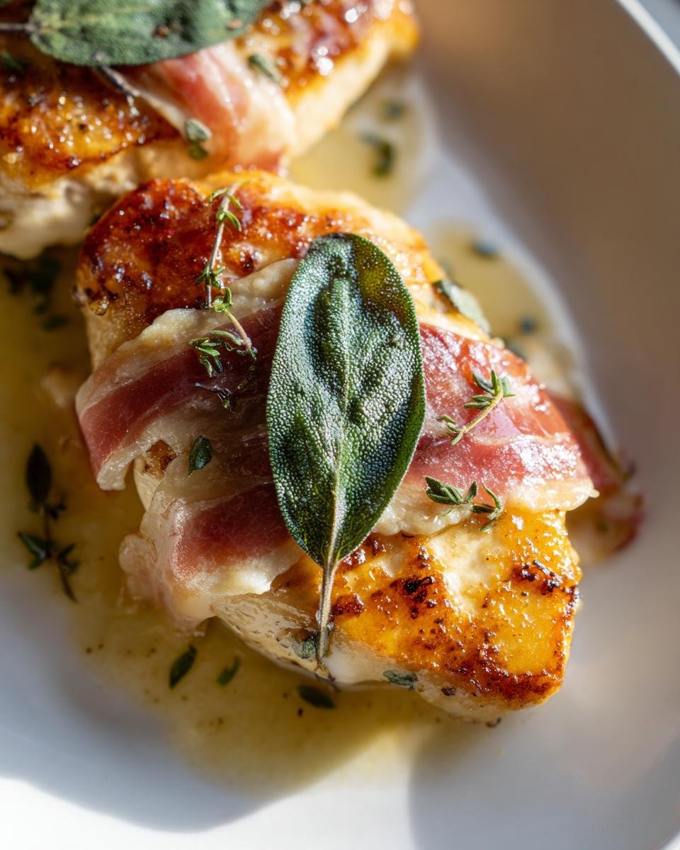 Close-up of pan-seared Chicken Saltimbocca wrapped in prosciutto and topped with a fresh sage leaf.