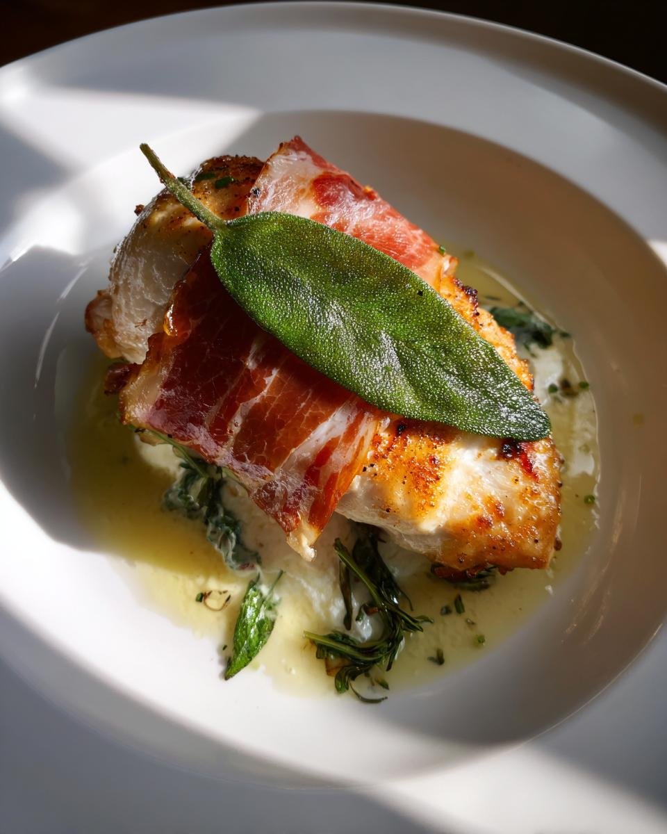 A single serving of golden-brown Chicken Saltimbocca wrapped in prosciutto and topped with a fresh sage leaf.