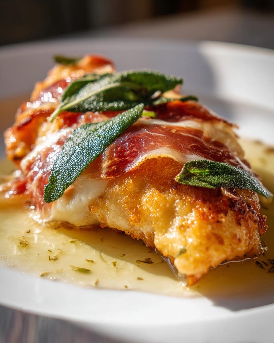 A close-up of a golden-brown Chicken Saltimbocca wrapped in prosciutto and topped with fresh sage leaves, sitting in a light sauce.