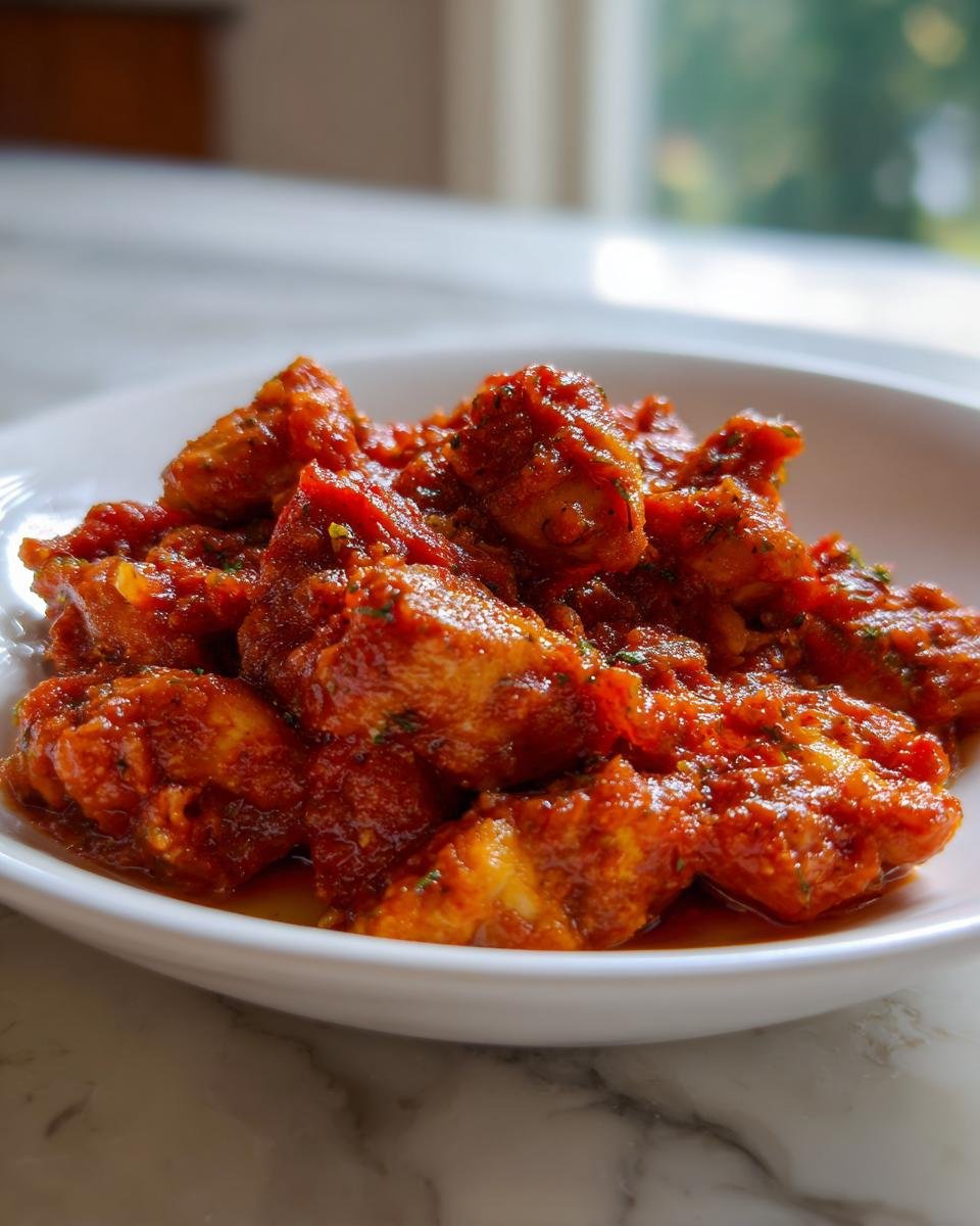 Close-up of tender chicken pieces coated heavily in rich, red Chicken Tomato Sauce, served in a white bowl.