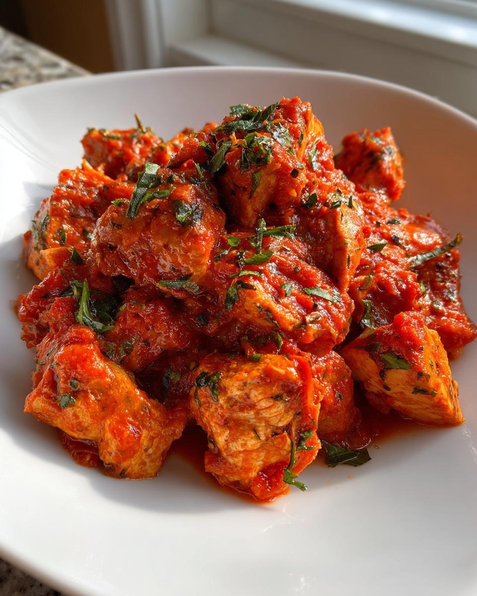 Close-up of tender chicken pieces coated in rich Chicken Tomato Sauce and garnished with fresh green herbs.