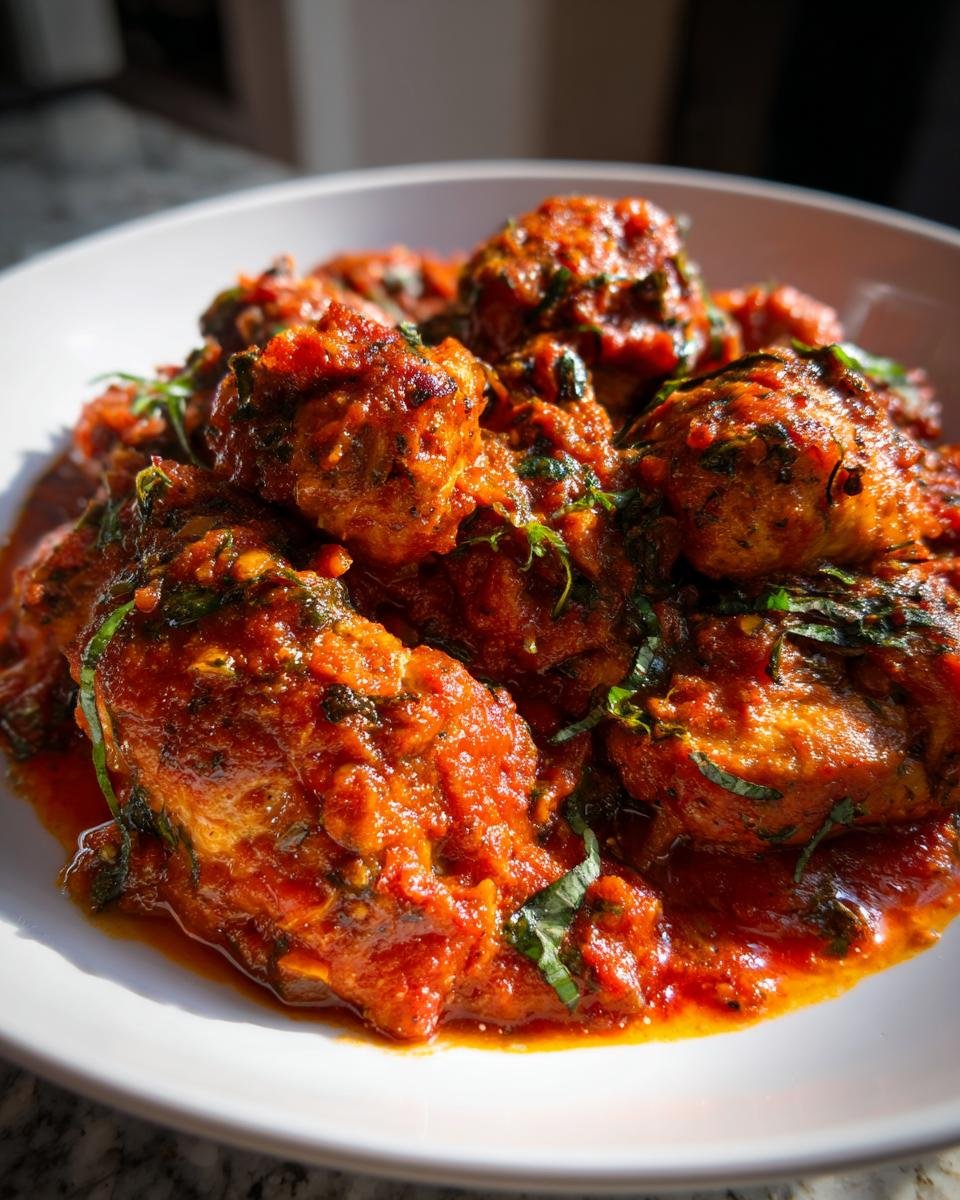 Close-up of tender chicken pieces smothered in a vibrant Chicken Tomato Sauce and garnished with fresh basil.