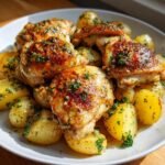 Close-up of golden-brown Chicken Vesuvio thighs served with roasted potatoes, garnished with fresh parsley.