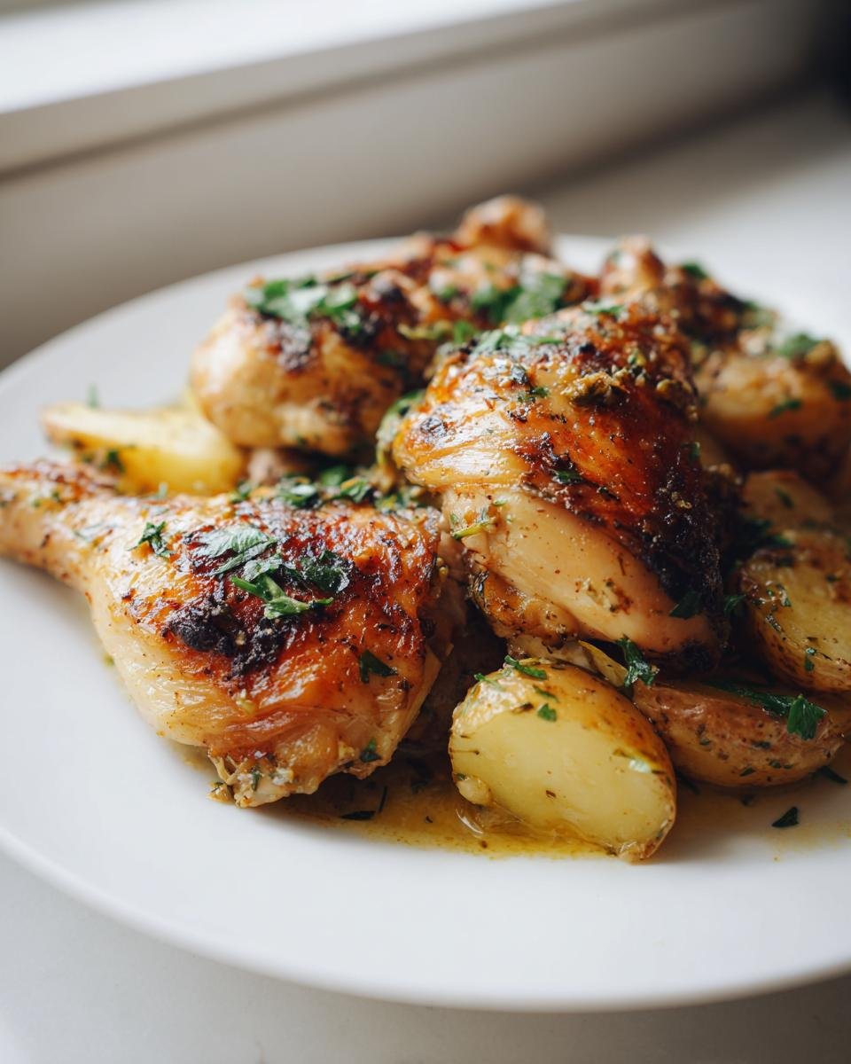 Close-up of golden brown Chicken Vesuvio drumsticks served with roasted potatoes and garnished with fresh parsley.