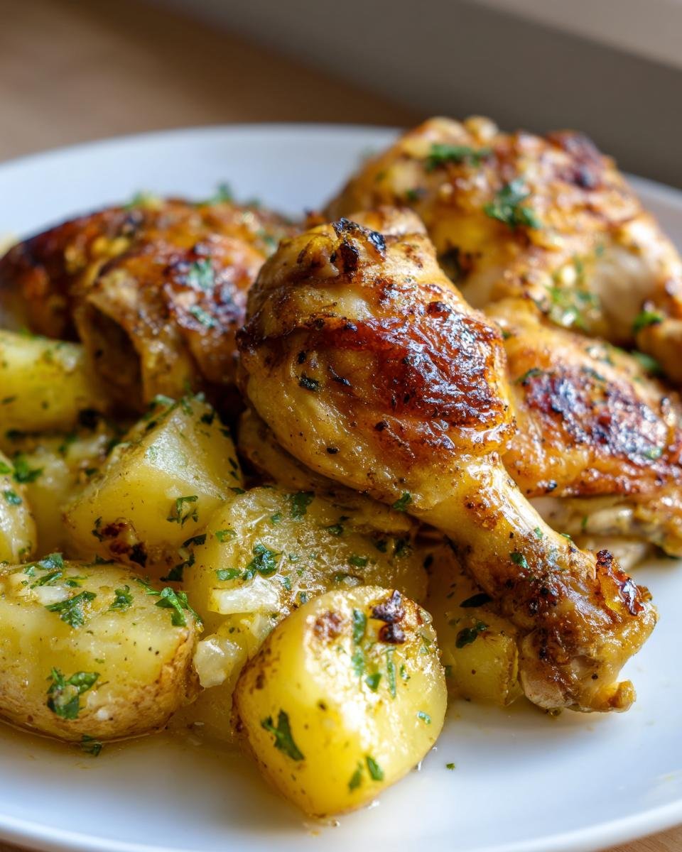Close-up of golden brown Chicken Vesuvio pieces served with roasted potatoes tossed in herbs.