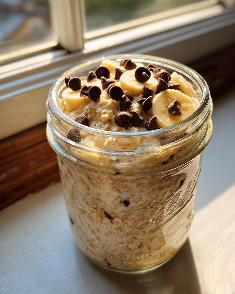 Close-up of Chocolate Chip Banana Overnight Oats topped with banana slices and mini chocolate chips in a glass jar.