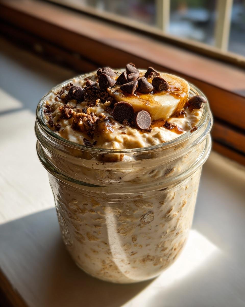 Close-up of Chocolate Chip Banana Overnight Oats topped with banana slice and chocolate chips in a glass jar.