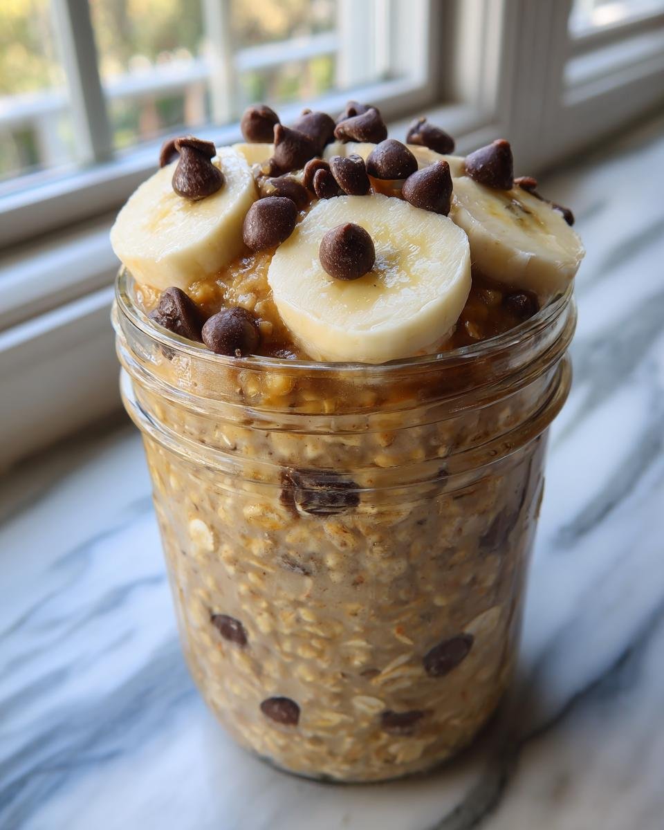Close-up of Chocolate Chip Banana Overnight Oats topped with banana slices and chocolate chips in a glass jar.