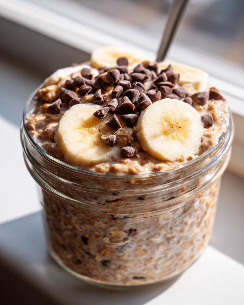 Close-up of Chocolate Chip Banana Overnight Oats topped with banana slices and chocolate chips in a glass jar.