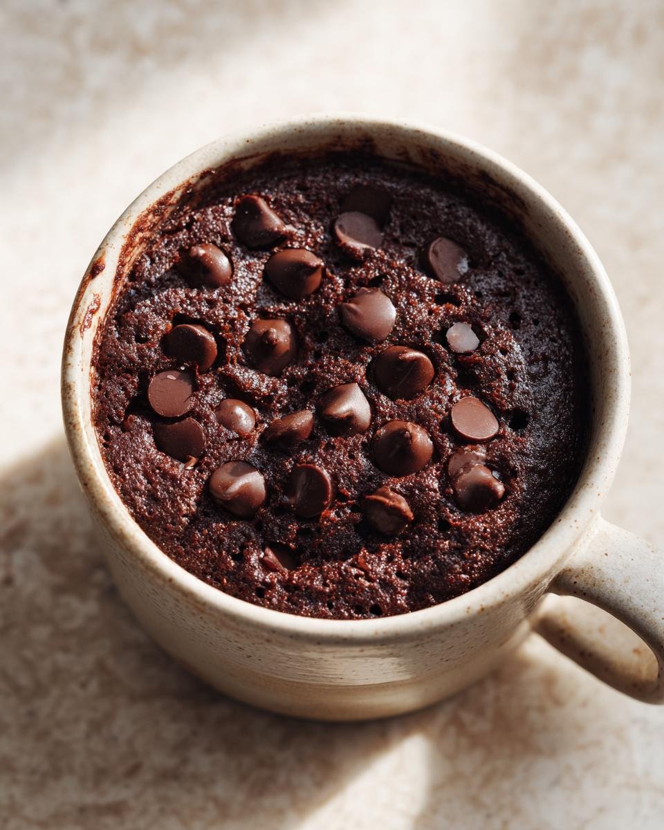 Overhead close-up of a freshly baked Chocolate Mug Cake topped with melted chocolate chips in a speckled ceramic mug.