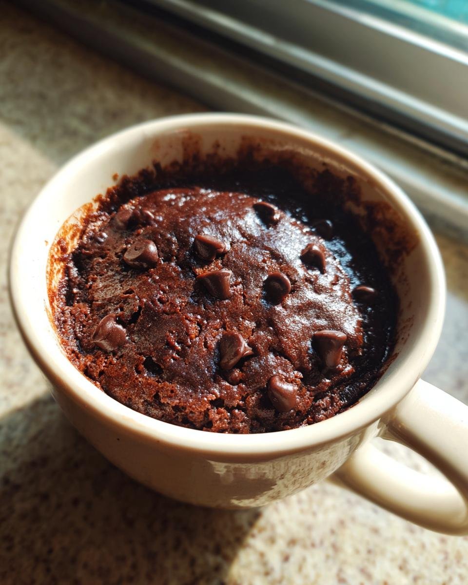 Close-up of a rich, dark Chocolate Mug Cake topped with melted chocolate chips, served in a light-colored mug.