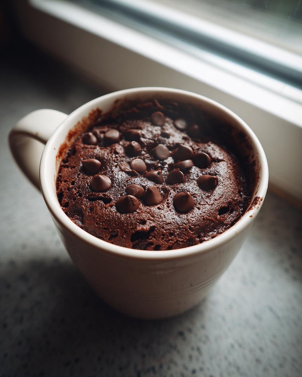 Close-up of a warm Chocolate Mug Cake topped with melted chocolate chips in a white mug.