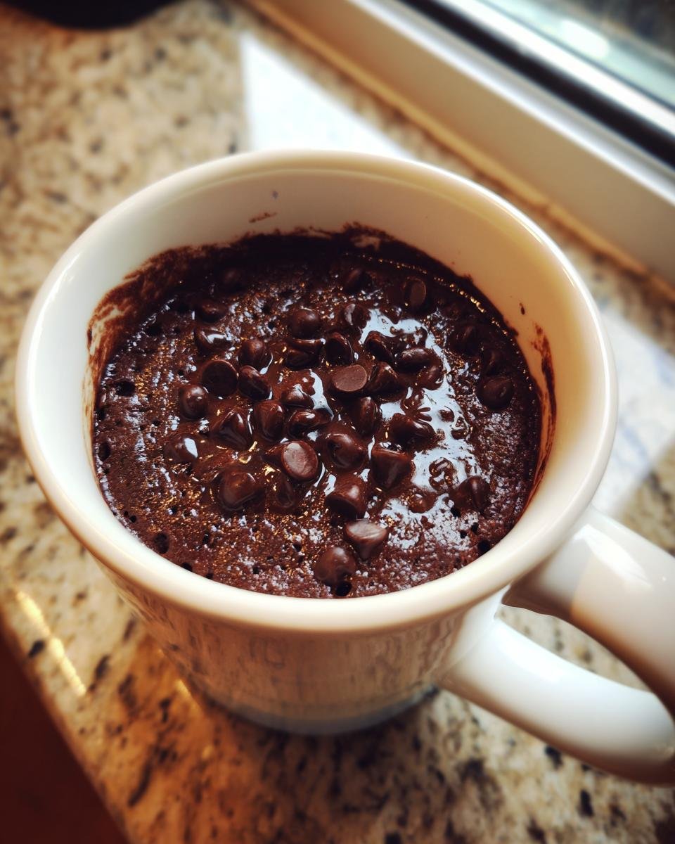 Close-up of a rich Chocolate Mug Cake topped with melted chocolate chips in a white mug.
