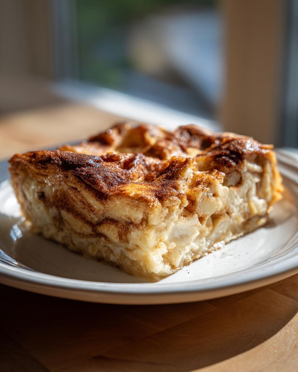 A square slice of baked Cinnamon Apple French Toast Casserole dusted with cinnamon, served on a white plate.