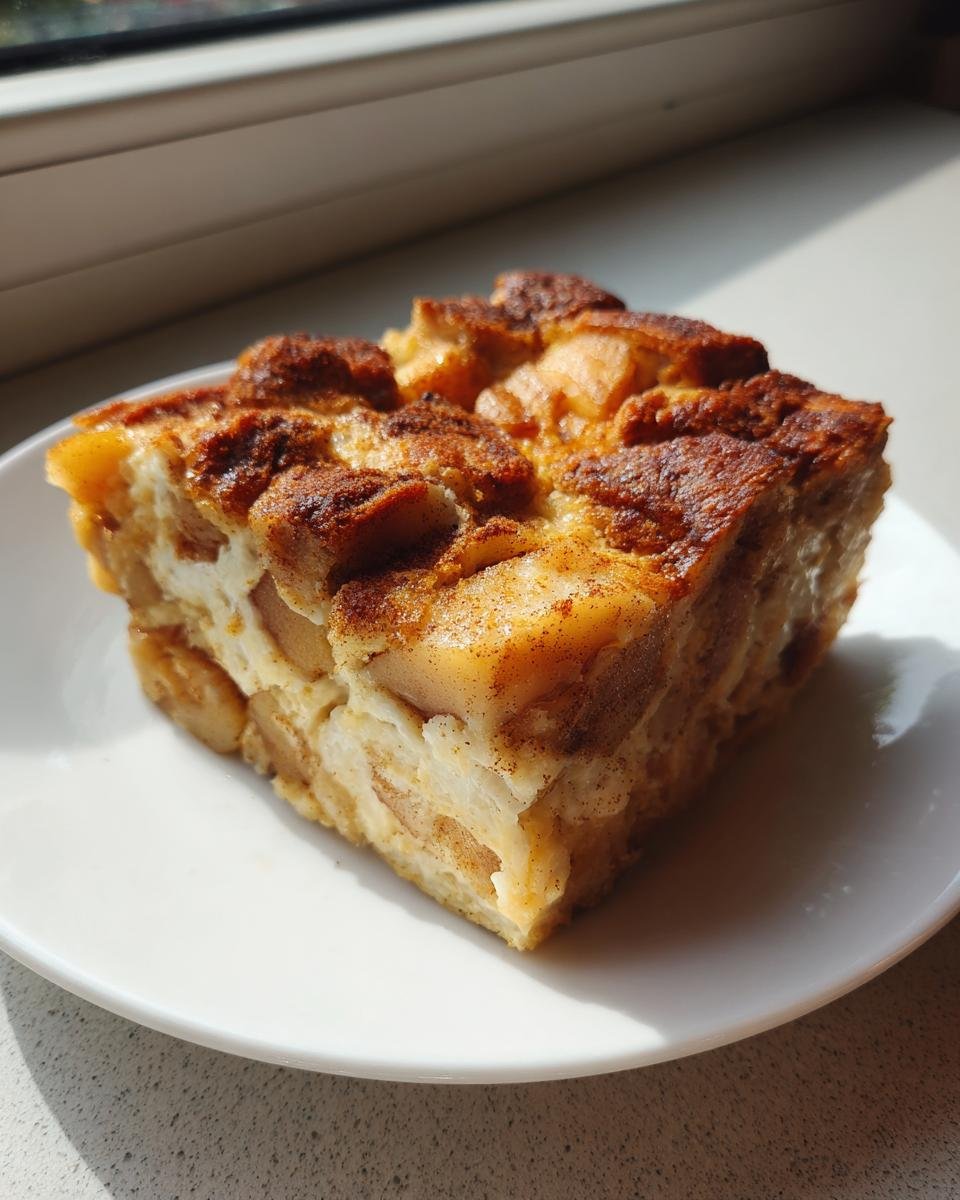 A square serving of Cinnamon Apple French Toast Casserole on a white plate, baked golden brown.