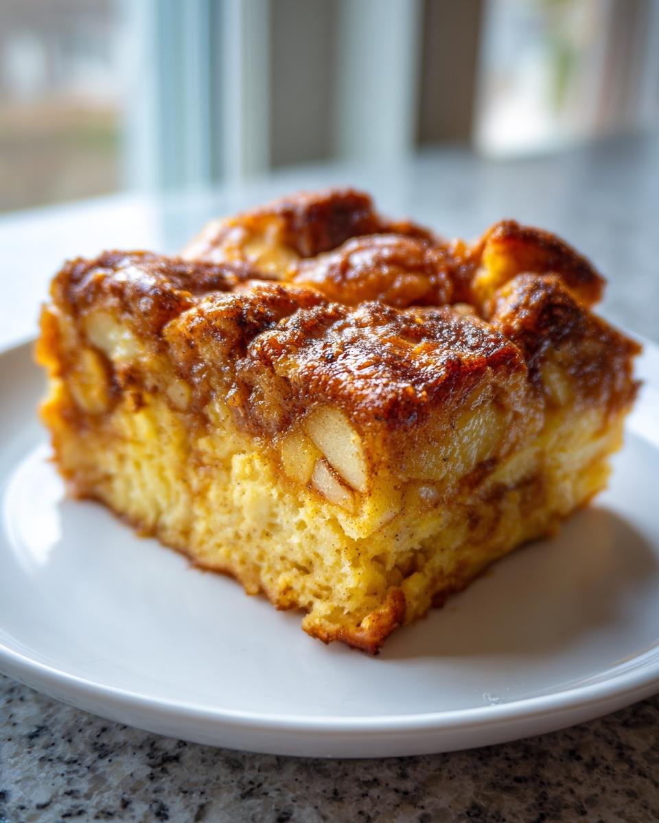 A close-up of a square slice of Cinnamon Apple French Toast Casserole with a caramelized, cinnamon-sugar topping.