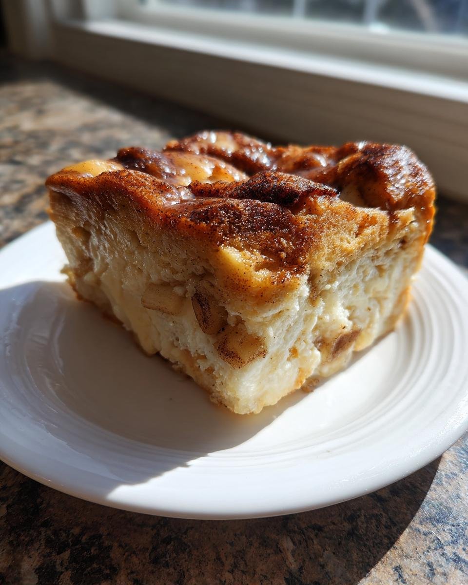 A square serving of Cinnamon Apple French Toast Casserole with a caramelized, cinnamon-sugar top, served on a white plate.