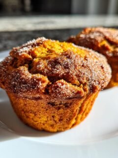 Close-up of two moist Pumpkin Muffins topped with sparkling cinnamon sugar, resting on a white plate.