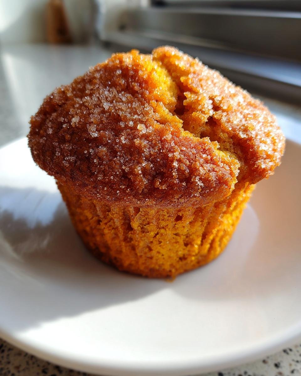 A single, freshly baked Pumpkin Muffins topped generously with sparkling cinnamon sugar, sitting on a white plate.