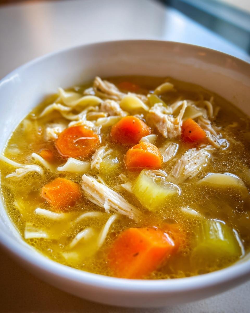 A close-up, appetizing view of homemade Chicken Noodle Soup featuring shredded chicken, bright orange carrots, celery, and egg noodles in rich broth.