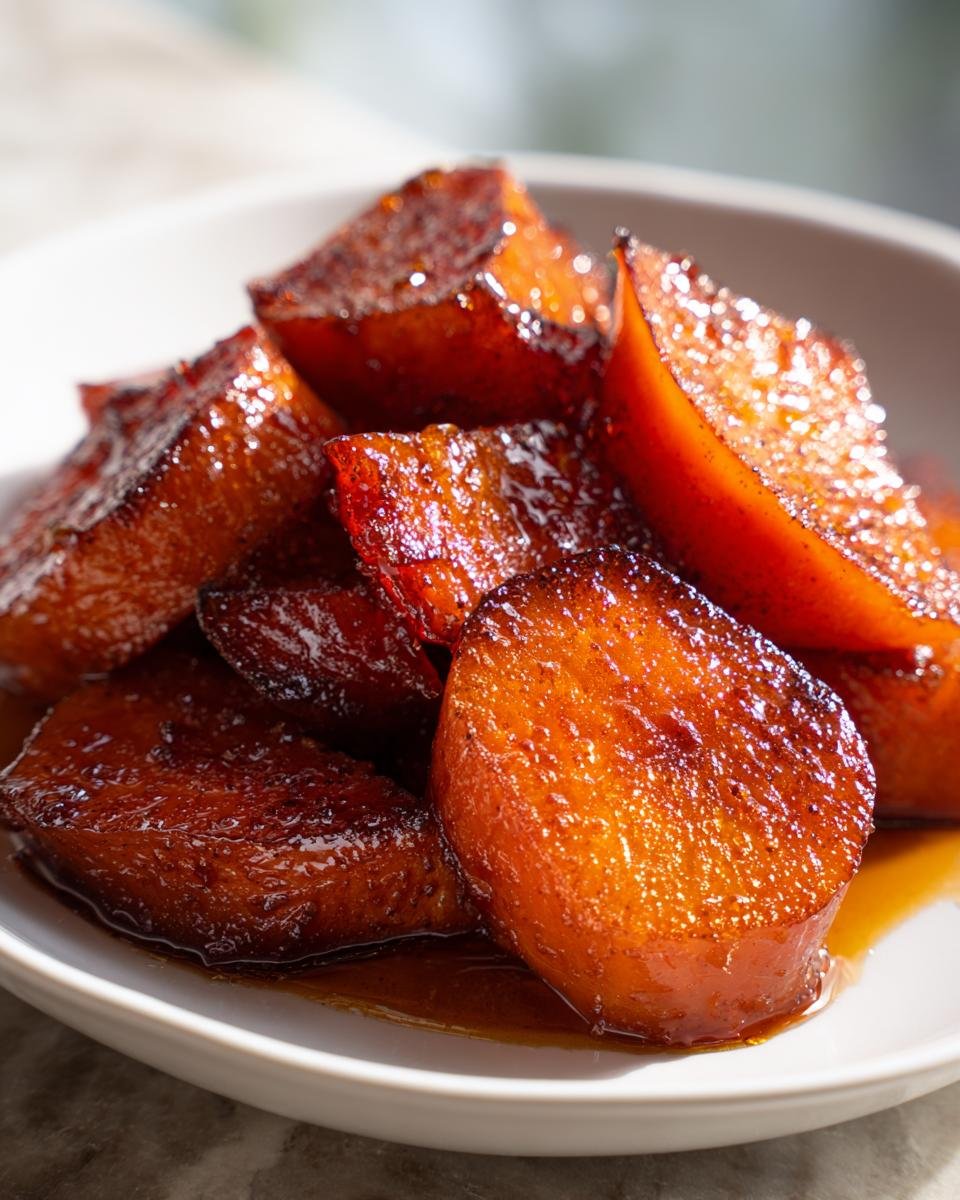 Close-up of thick-cut, glossy Candied Yams swimming in rich brown syrup in a white bowl.