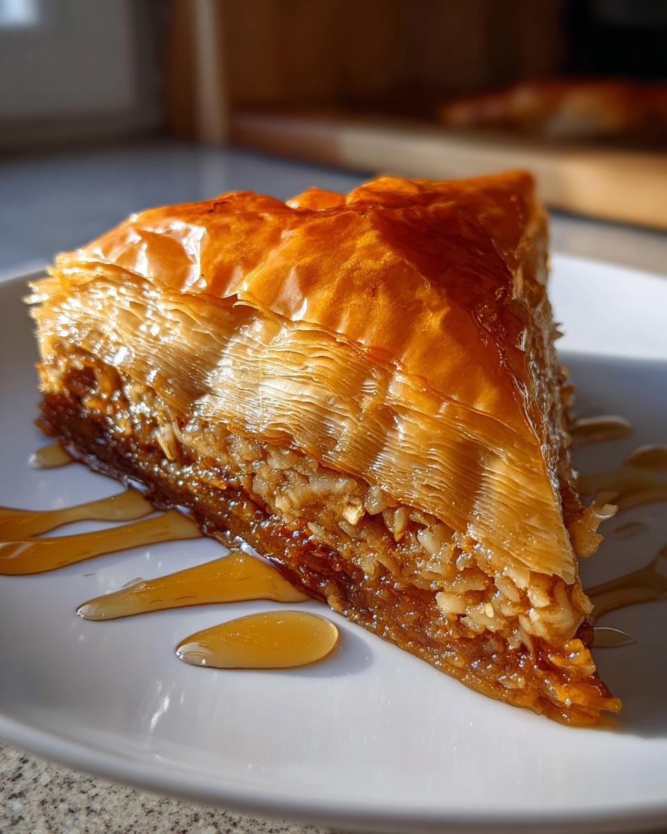 A close-up of a triangular slice of golden, flaky Coconut Baklava drizzled with honey or syrup on a white plate.