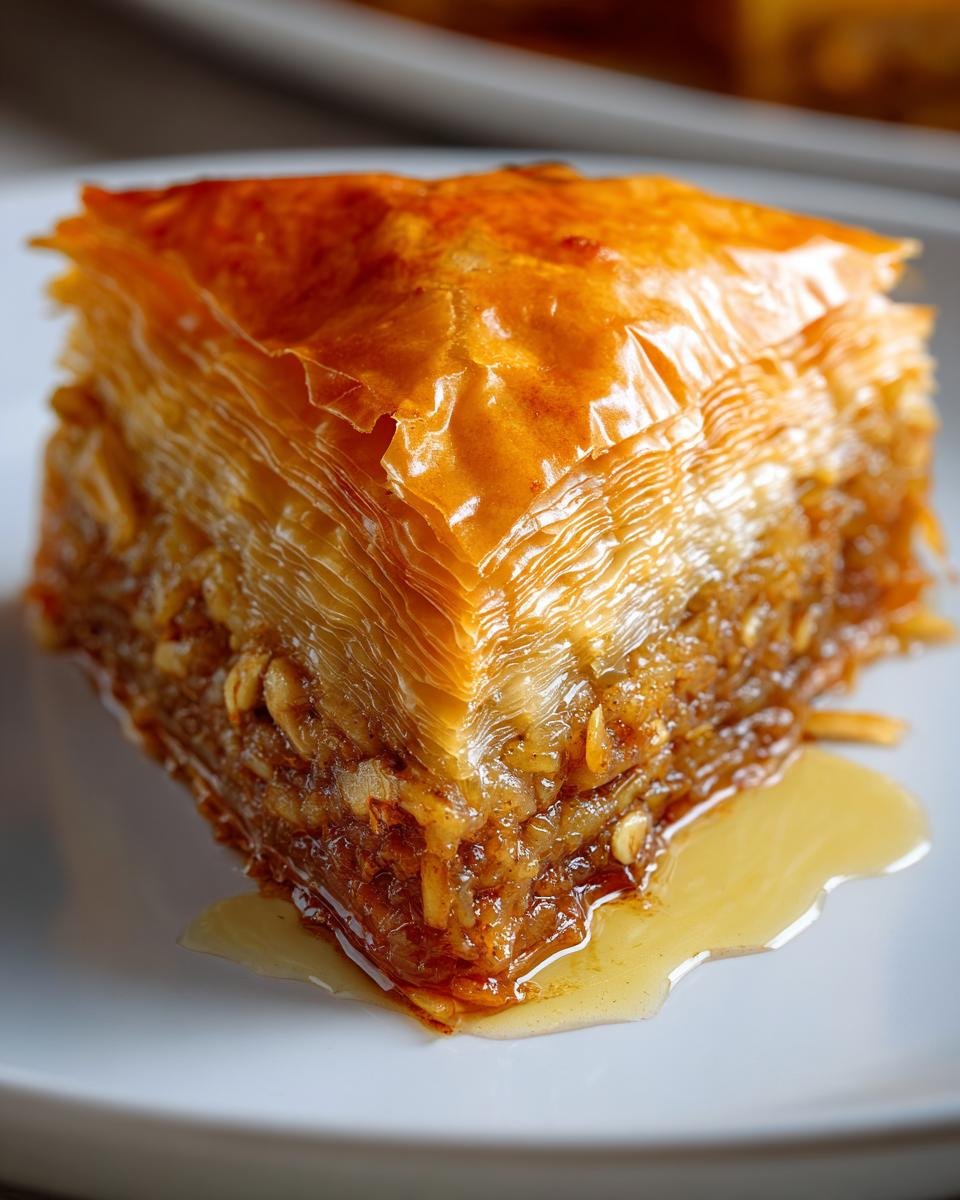 A single, golden-brown, syrup-soaked piece of Coconut Baklava resting on a white plate.