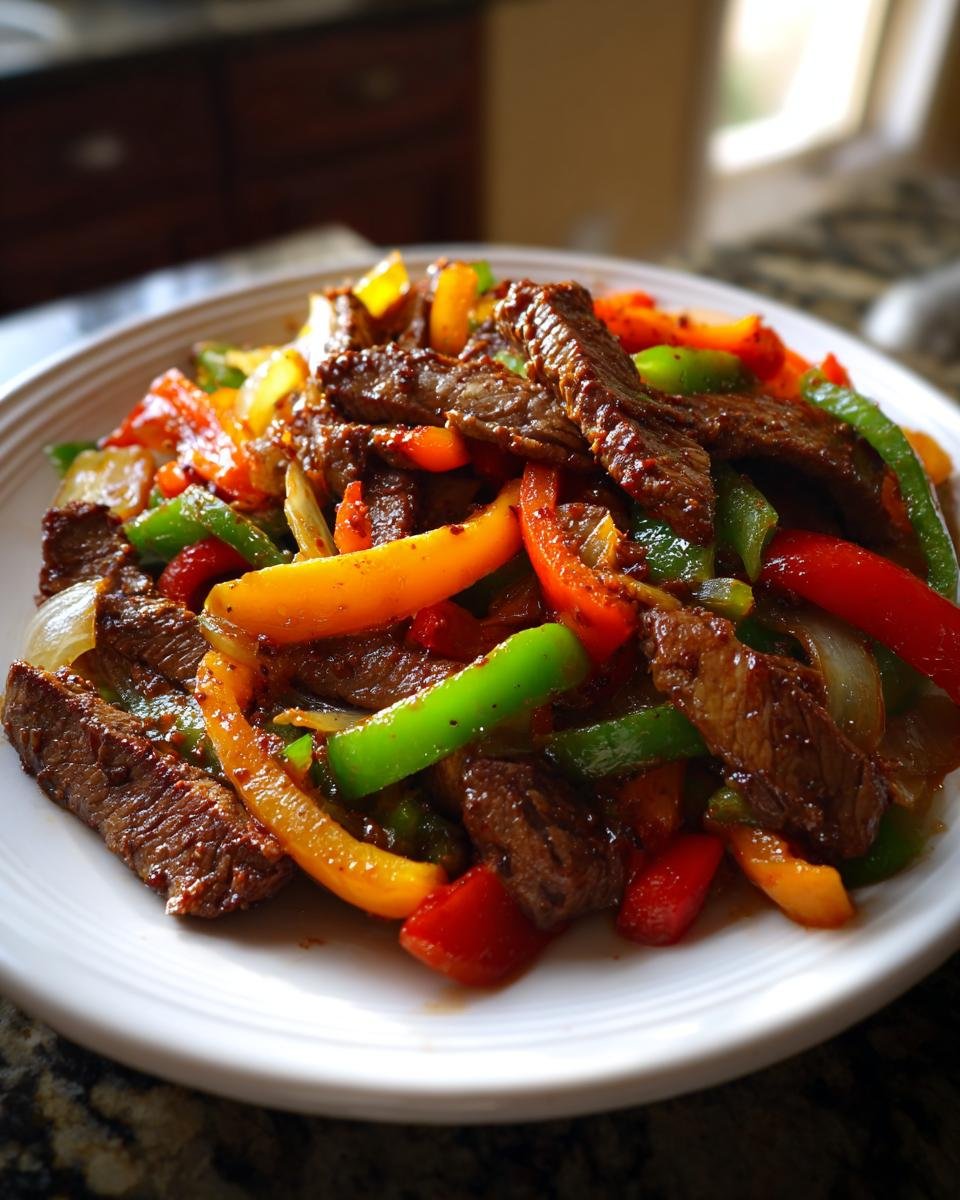 Sizzling strips of seasoned beef mixed with red, green, and yellow bell peppers for amazing Steak Fajitas.