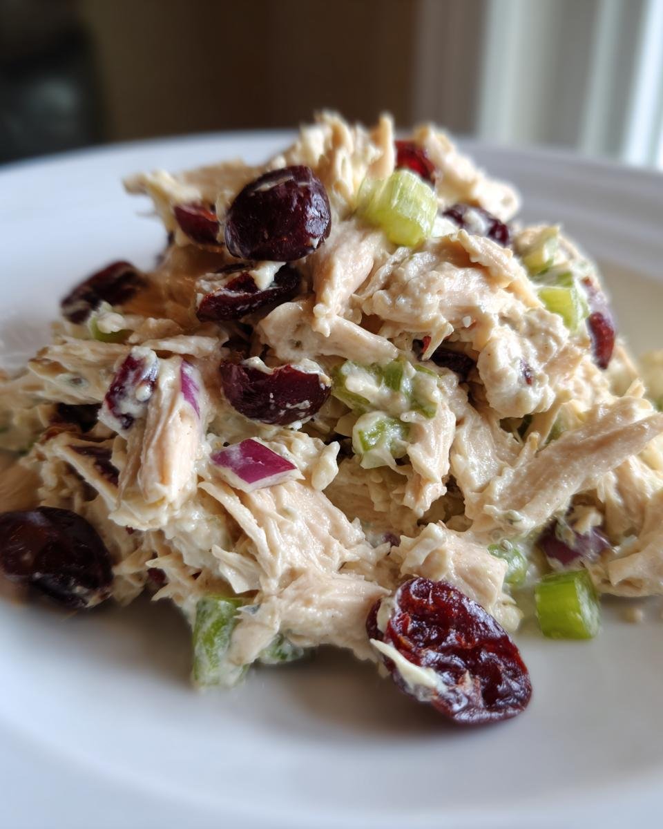 A close-up, appetizing shot of creamy Cranberry Chicken Salad featuring shredded chicken, dried cranberries, celery, and red onion.
