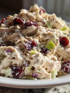 A close-up of creamy Cranberry Chicken Salad piled high on a white plate, featuring shredded chicken, dried cranberries, and celery.