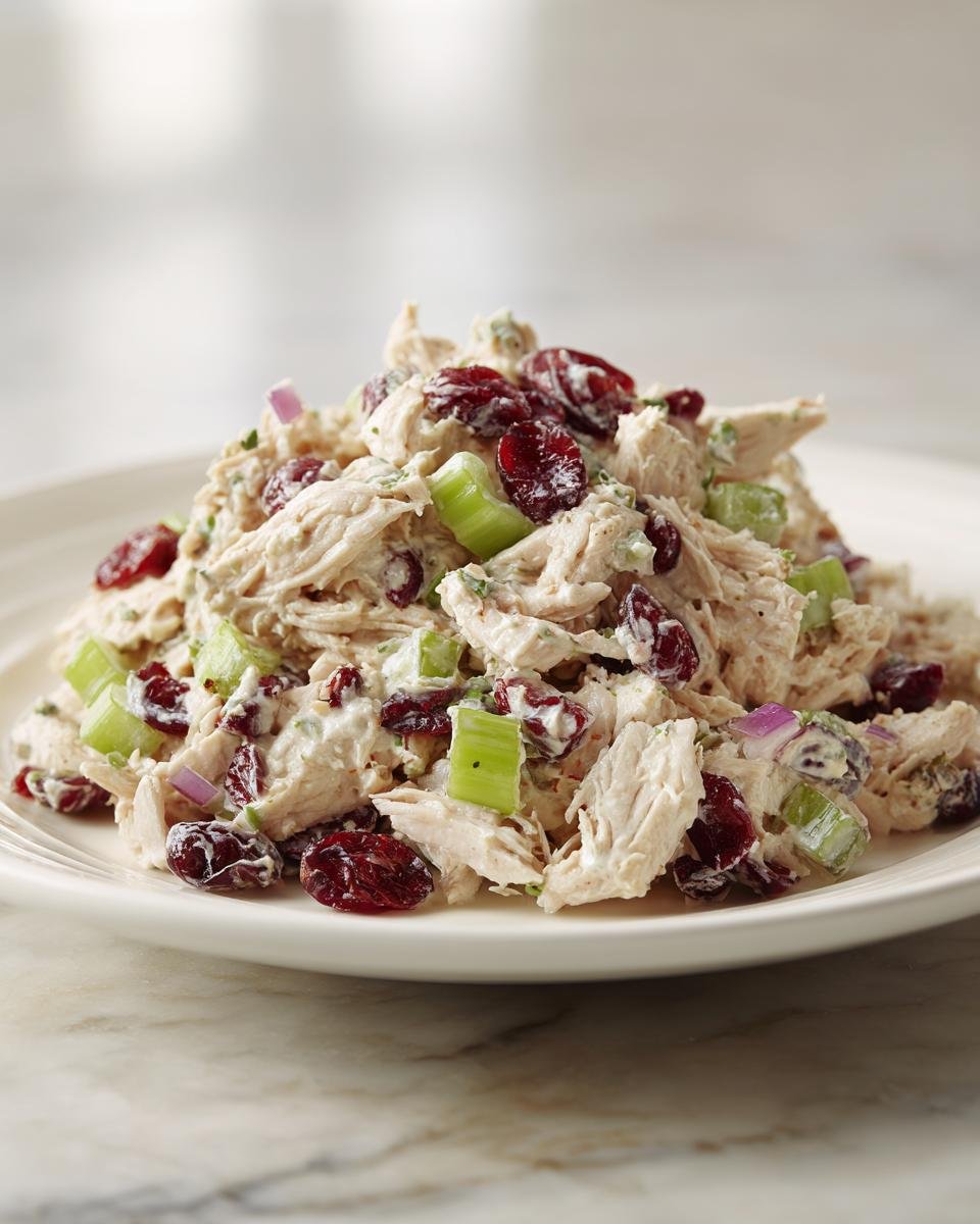 A generous scoop of creamy Cranberry Chicken Salad featuring shredded chicken, dried cranberries, celery, and red onion on a white plate.