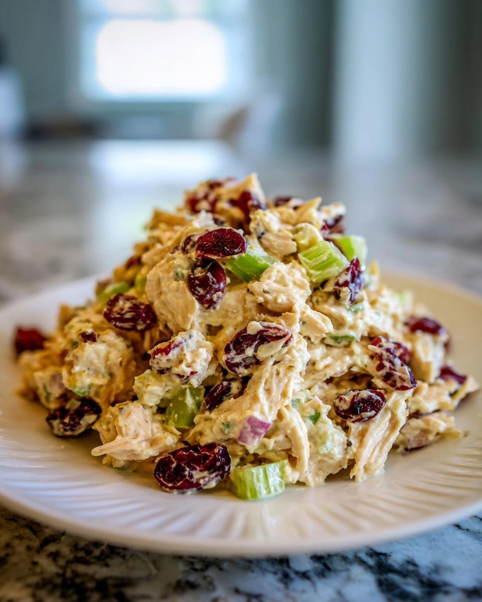 A generous serving of creamy Cranberry Chicken Salad featuring shredded chicken, dried cranberries, and celery chunks.