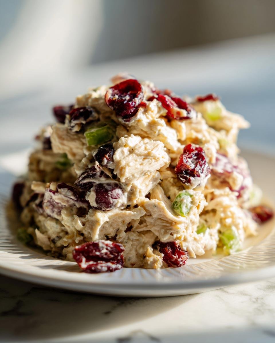 A close-up, appetizing mound of creamy Cranberry Chicken Salad topped with bright red dried cranberries and celery pieces.