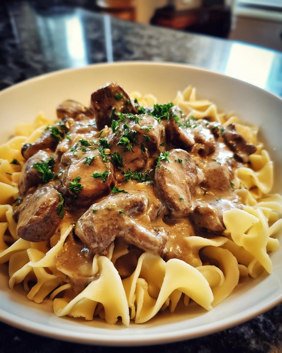 Close-up of creamy Beef Stroganoff with tender beef slices and mushrooms over wide egg noodles, garnished with parsley.