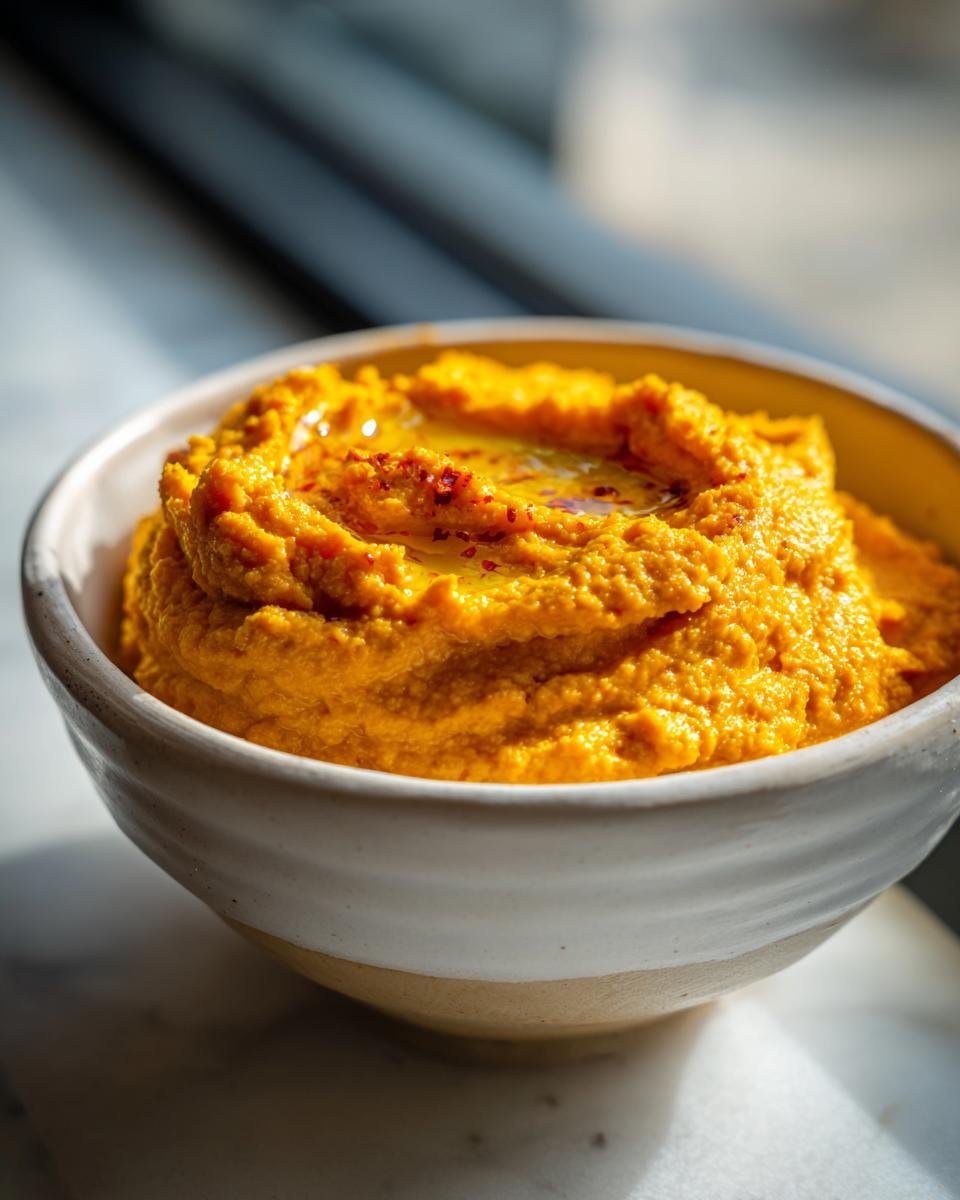 A close-up of vibrant orange Creamy Carrot Hummus topped with olive oil and red pepper flakes in a ceramic bowl.