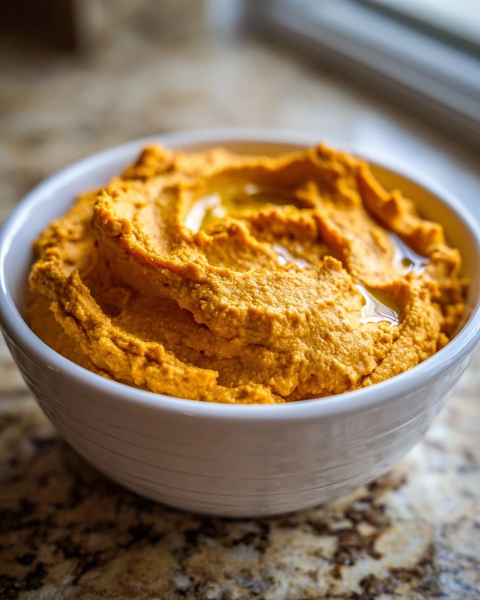 A close-up of vibrant orange Creamy Carrot Hummus swirled in a white bowl, drizzled with olive oil.