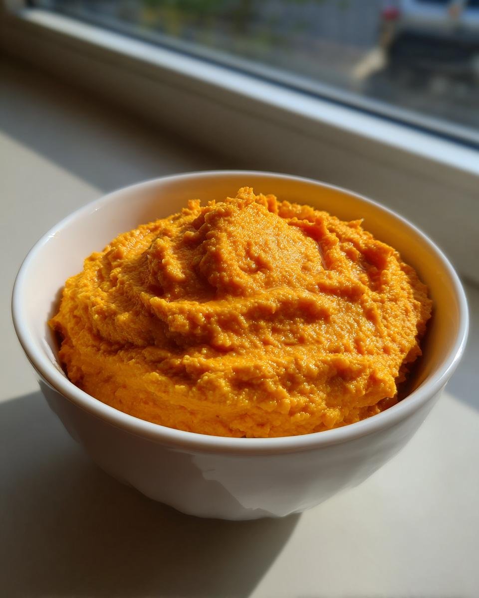 A white bowl filled with vibrant, textured Creamy Carrot Hummus, sitting on a windowsill in natural light.