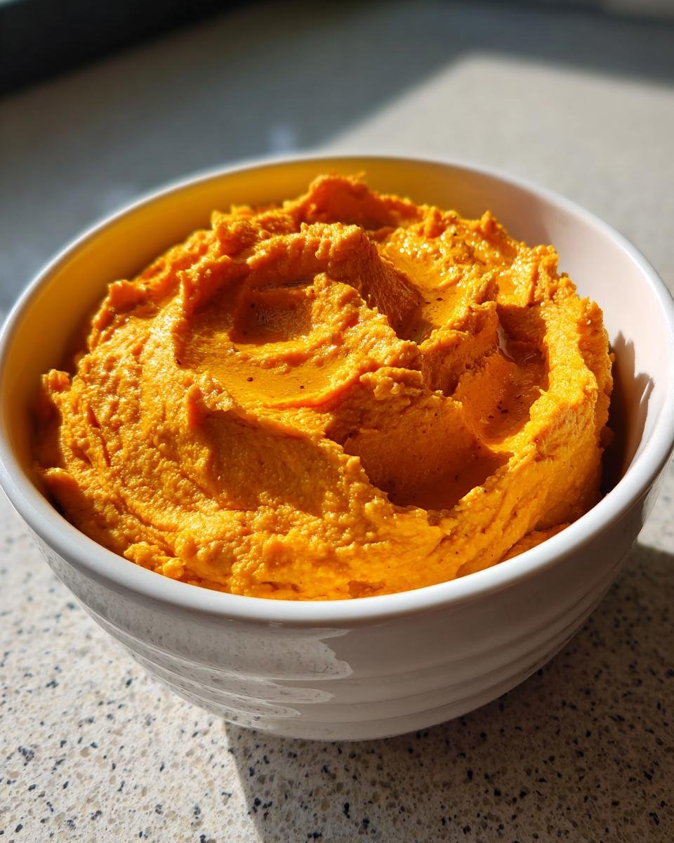 Close-up of vibrant orange Creamy Carrot Hummus swirled in a white bowl.