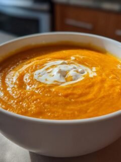 A close-up of a white bowl filled with vibrant orange Creamy Carrot Soup, topped with a swirl of white cream.