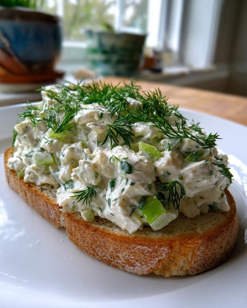A generous scoop of Creamy Dill Chicken Salad piled high on a slice of toasted bread, topped with fresh dill.