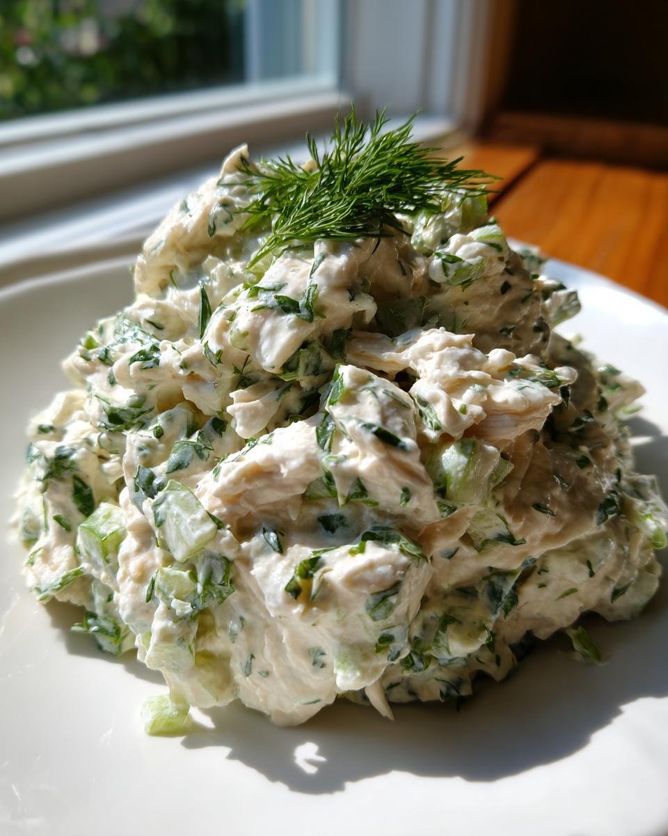 A mound of fresh Creamy Dill Chicken Salad mixed with celery and herbs, topped with a sprig of fresh dill.